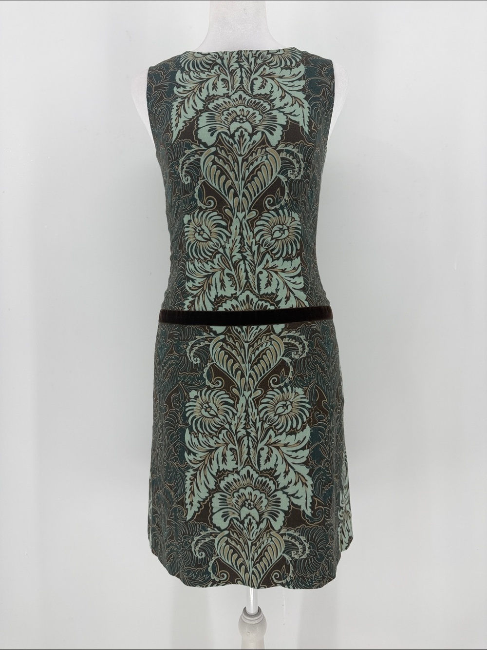 Gianni Bini Y2K Damask Velvet Trim Shift Dress Size 0 Brown Aqua